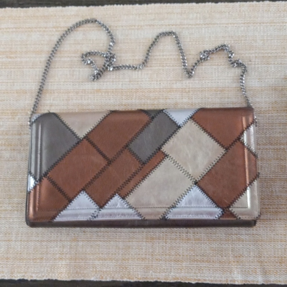 Morris Moskowitz Saks Fifth Ave Patchwork  Leather Clutch Handbag Chain Strap